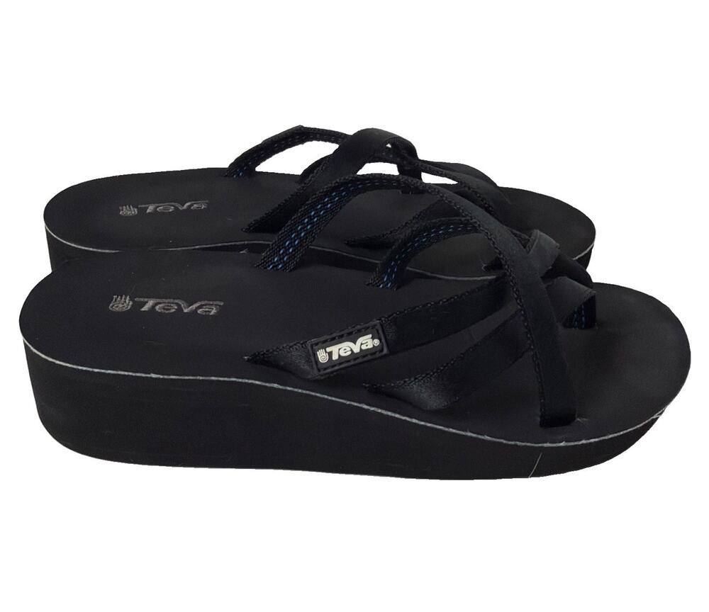 Teva Mush Mandalyn Wedge Ola 2 Sandals Black Strappy Flip Flops Womens 7